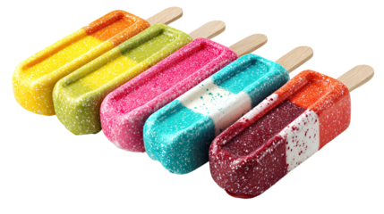 Assortment of colorful fruit flavored popsicles on wooden sticks isolated on transparent background