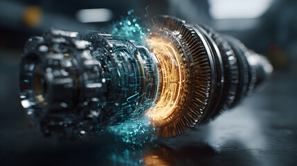 Gas turbine engine split in half: one side metallic physical structure, the other glowing digital twin in holographic blue-green light.