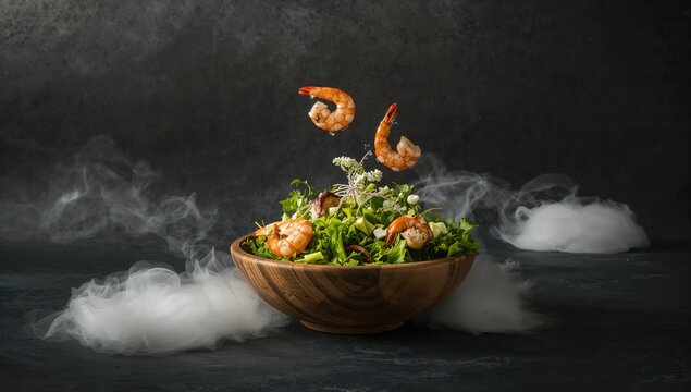 Inspirational Thought salad featuring floating shrimp and greens in a wooden bowl, highlighting a fiber-dense choice - Powered by Adobe