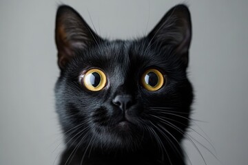 Stunning Black Cat with Mesmerizing Yellow Eyes Gazes Intensely from a Minimal Grey Background