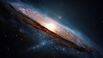 Fototapeta premium Andromeda galaxy, a vast celestial system, rotating with a bright central bulge and dust lanes against a backdrop of myriad stars and cosmic nebulae in the infinite universe