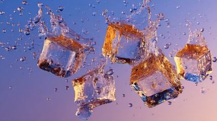 Dynamic shattering ice cubes in motion with splashing water droplets against a clean gradient background creating a fresh cool beverage concept and energetic frozen liquid impact scene
