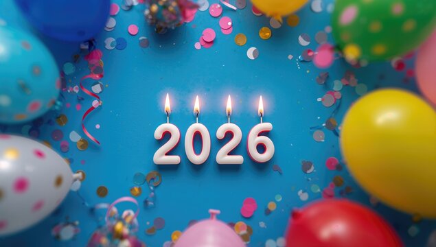 Candles shaped like numbers on a blue backdrop with balloons, celebrating the arrival of a new year