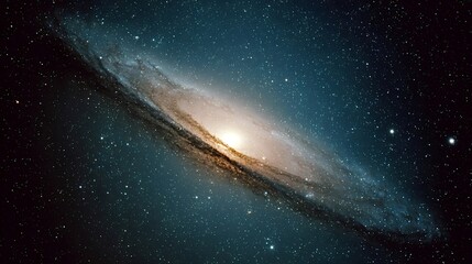 Andromeda galaxy, a vast spiral galaxy, appears against a dark background filled with countless stars and cosmic dust, representing the expansive universe and ongoing astronomical discovery