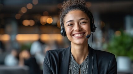 Professional Customer Service Representative with Headset Smiling in Modern Office Environment Showing Approachability and Confidence for Business Settings