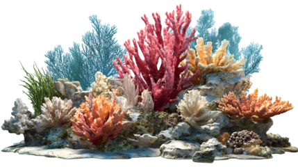 Vibrant artificial coral reef ecosystem with diverse colors isolated on transparent background