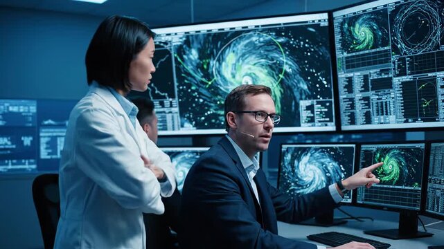 Professional meteorologists observing a tropical cyclone in a high tech control room. Scientists analyzing data on computer monitors
