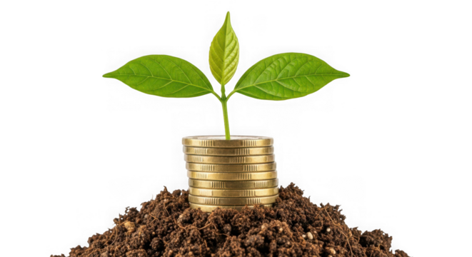 Small plant growing from stacked coins in soil, financial growth