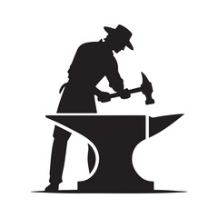 Blacksmith at Anvil vector silhouette outline logo design concept illustration