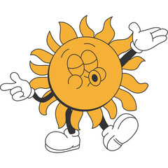 Cartoon sun character with arms and legs dancing with a playful expression and closed eyes on a transparent background.