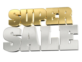 Shiny 3D metallic golden 'SUPER' and silver 'SALE' text isolated on white background for retail promotion
