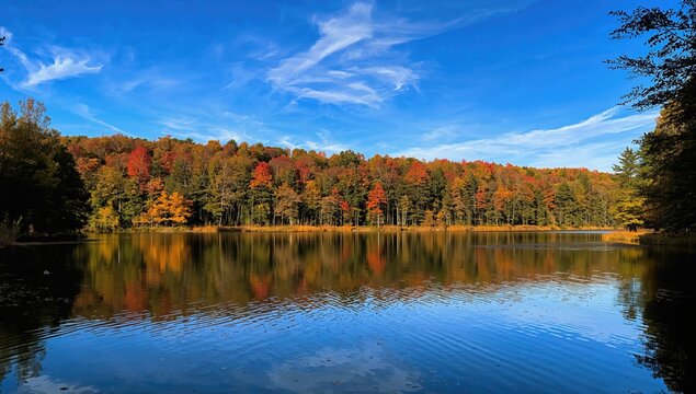 Autumn leaves frame a tranquil lake, highlighting seasonal change - Powered by Adobe