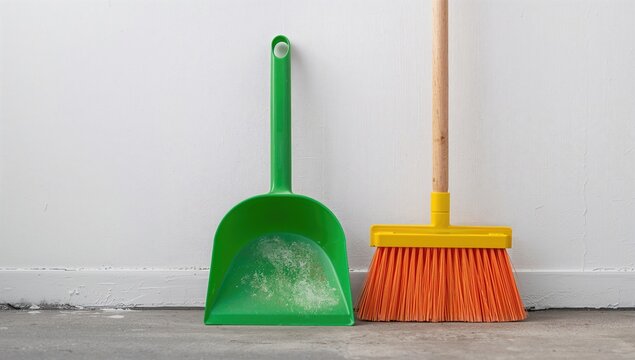 An empty, worn green dustpan with a yellow broom featuring an orange brush rests on a concrete surface, maintenance tool for outdoor cleaning