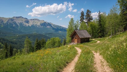 Isolated cabin in the mountains, serene landscape with blooming flowers and trees, seasonal change