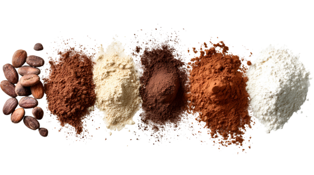 Assortment of cocoa powder and cacao beans in different shades isolated on transparent background