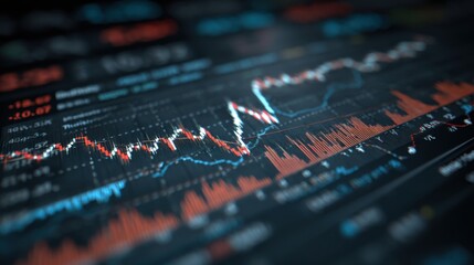 Financial market analysis with stock price trends, graphs, and trading data viewed on digital screen in dark theme and interactive interface