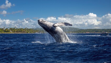 Fototapeta premium Humpback whale bursts into the air, showcasing its size and power, marine wildlife observation