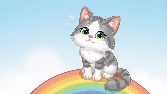 A charming cat creating soap bubbles while sitting on a vibrant rainbow, whimsical playfulness