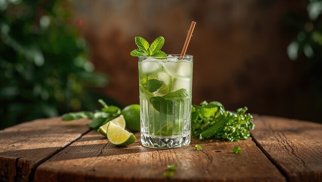 A freshly prepared mojito rests on a weathered table, a refreshing cocktail choice for summer gatherings