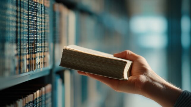 Person's hand reaching for a book on a library shelf with blurred background of books and library interior, symbolizing learning and knowledge acquisition