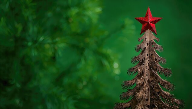 Decorative wooden fir tree topped with a red star, ideal for holiday displays