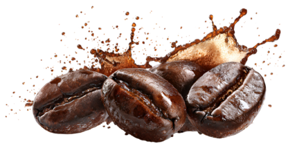 Three dark roasted coffee beans splashing with liquid isolated on transparent background