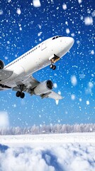 Fototapeta premium White airplane ascends from snowy runway under clear blue sky with vibrant details and stunning volumetric lighting effects