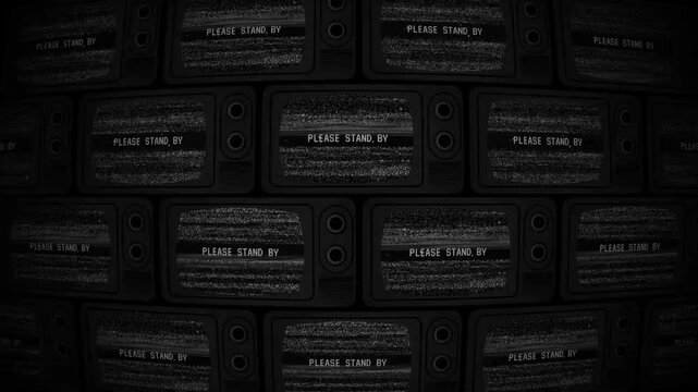 Many tvs show static with please stand by text. Great for retro tv concepts, broadcasting interruptions, technical difficulties, and vintage themes.