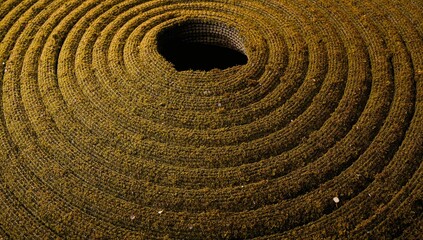 Naklejka premium Coiled garden hose wrapped in green moss, natural texture, maintenance focus