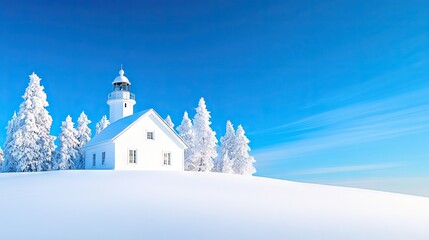 Snow-covered lighthouse on Luoto Posting Island shines against bright blue winter sky