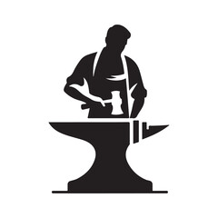 Blacksmith at Anvil vector silhouette outline logo design concept illustration