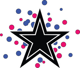 Striking black star icon with a double outline surrounded by exploding pink and blue circles, symbolizing celebration, fun, party, and achievement award.