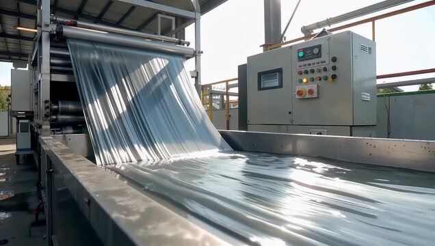 Industrial film extrusion line producing clear plastic sheeting on automated rollers