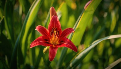 Obraz premium Vibrant red lily surrounded by lush green foliage, a symbol of seasonal beauty