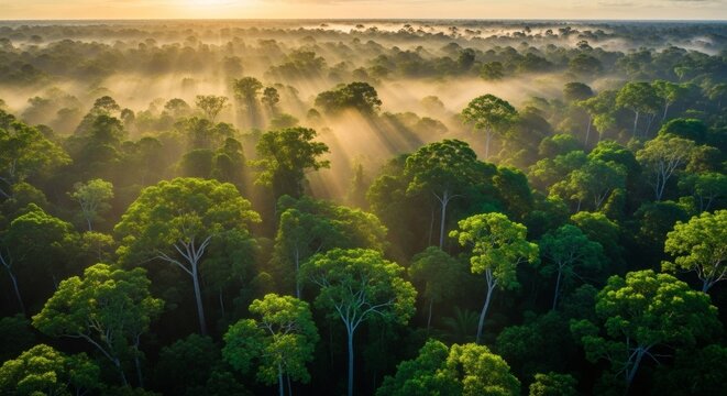 Golden sunlight beams through the misty canopy of a vast tropical rainforest during a beautiful and serene sunrise