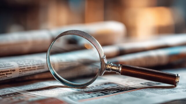 Vintage magnifying glass on scattered newspapers emphasizing the search for truth and investigation in journalism and literature from a bygone era
