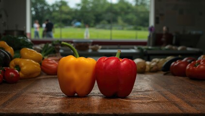 Close-up of two colorful bell peppers on a kitchen cutting board, featuring yellow and red vegetables.