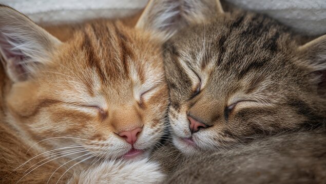 Cute kittens snuggled together and resting, theme of relaxation - Powered by Adobe
