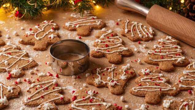 Gingerbread cookies shaped like Christmas trees, made with dough and a cutter, showcasing a festive baking theme