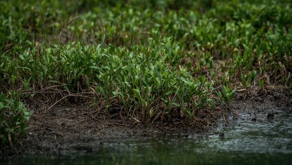 Close-up view of deep green vegetation emerging from a wet, muddy swamp