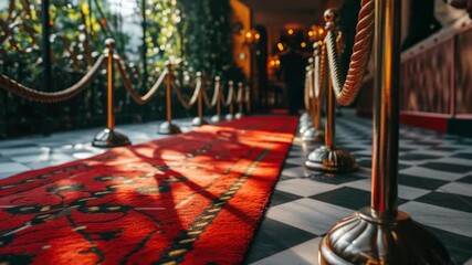 A long red carpet with gold posts on either side leading through a hallway.