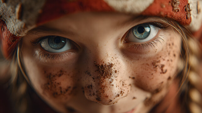 mischievous girl wearing a christmas hat with a dirty face from eating cookies for christmas eve celebration