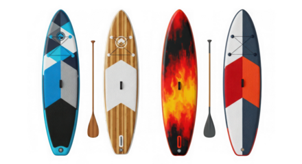 Four colorful stand-up paddleboards with paddles for water sports