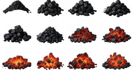 Coal transformation, igniting to glowing embers and fiery heat