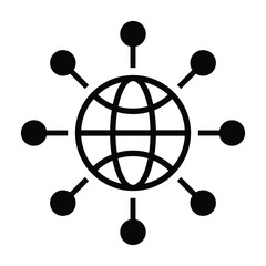 Network connection vector icon of globe with nodes symbolizing global communication and data distribution in minimalist black design