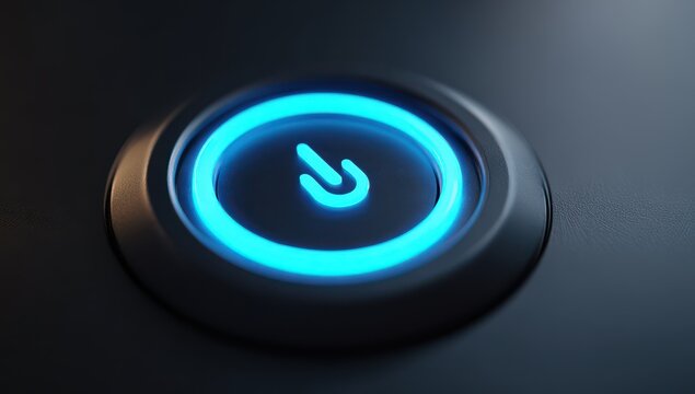 Vibrant photo of close up of a glowing blue power button on a dark surface, technology concept