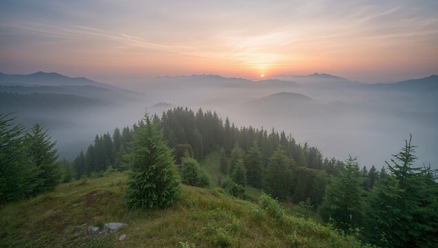 Summer scenery with foggy mountain morning. Panoramic view of mist-covered hills during summer. - Powered by Adobe