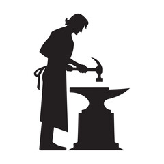 Blacksmith at Anvil vector silhouette outline logo design concept illustration