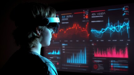 Young person wearing augmented reality headset, interacting with colorful digital data visualization and graphs on a large screen in a dark room