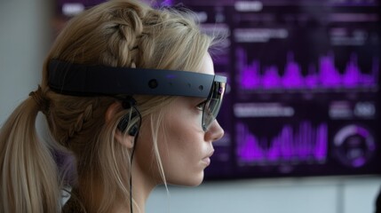 Young woman with futuristic glasses engaged in technology while monitoring digital data on screen in modern office environment